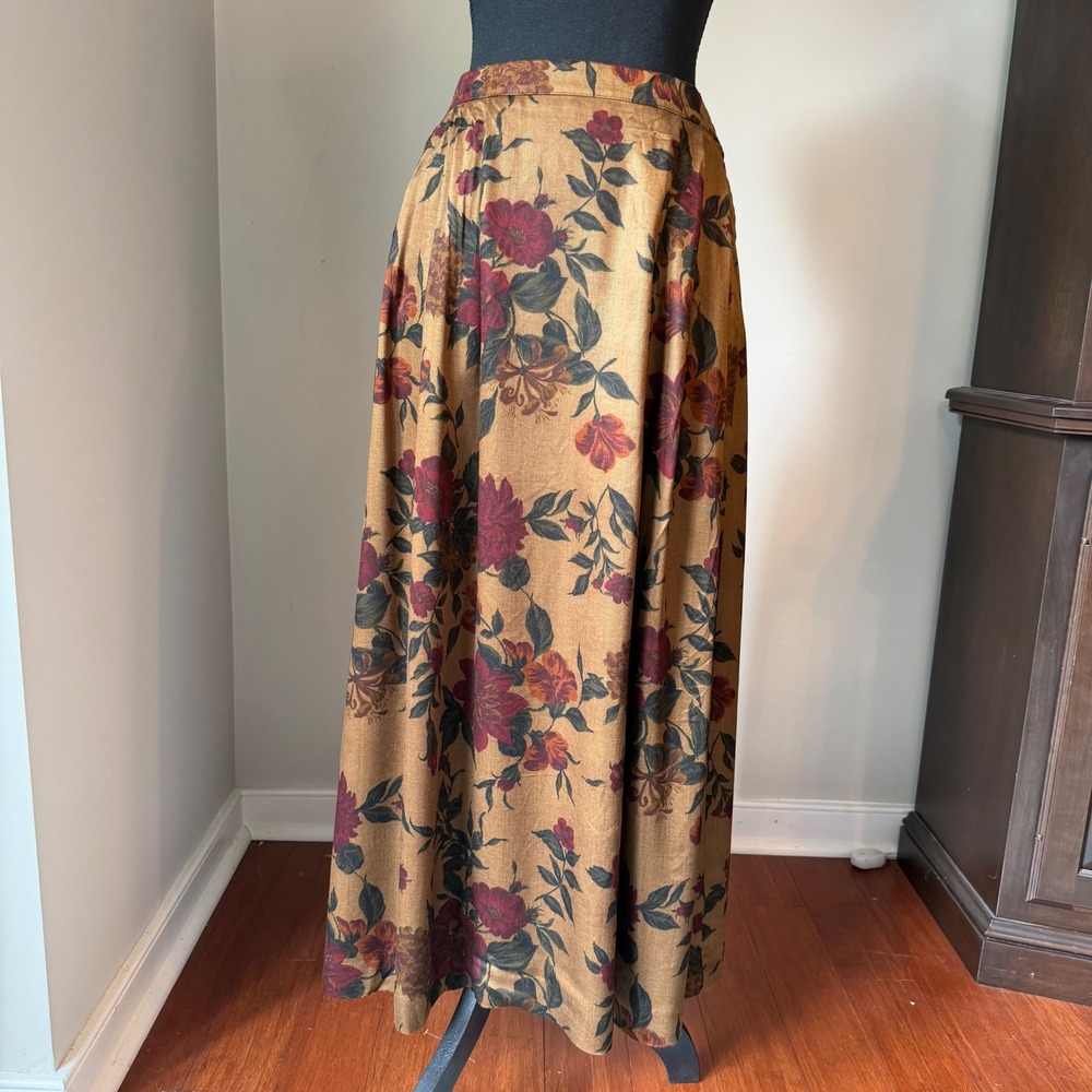 VTG Windridge Maxi Skirt Womens 10 Brown Floral Pleated Pockets Rustic Romance